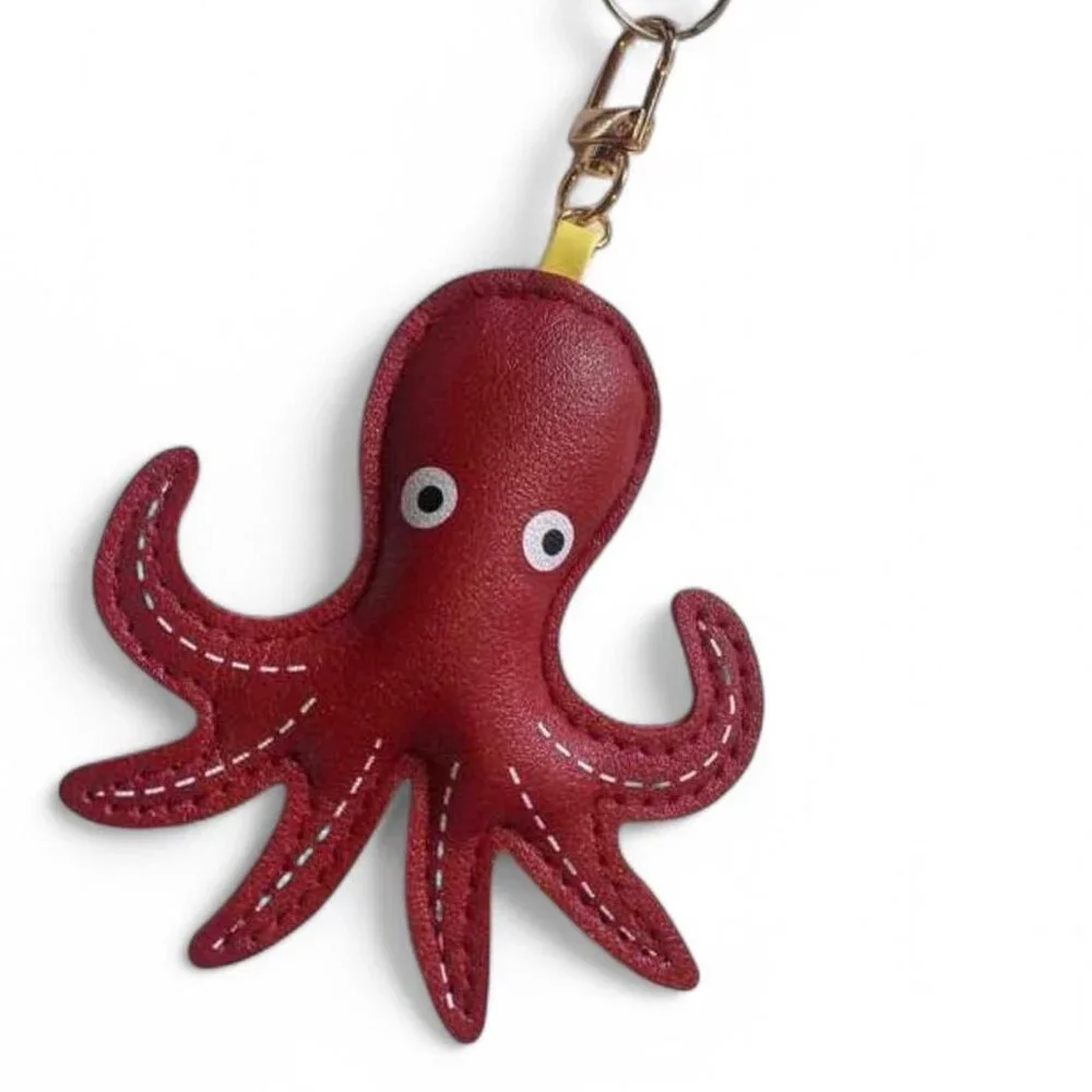 Burgundy Leather Octopus Lightweight Keychain bag charm 5 inch x 3 inch NEW
